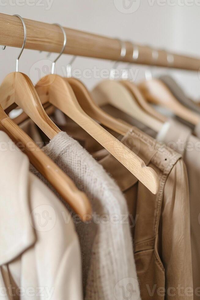 Close up of hanging clothes hang on wooden hangers generated by AI photo