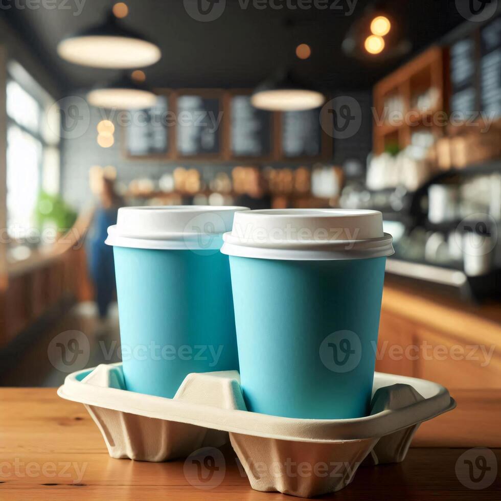 Colorful Takeaway Cups in a Carrier with a Blurred Coffee Shop Background for Mockup and Branding Use photo