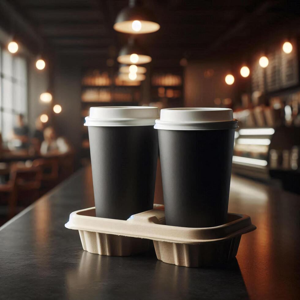 Colorful Takeaway Cups in a Carrier with a Blurred Coffee Shop Background for Mockup and Branding Use photo