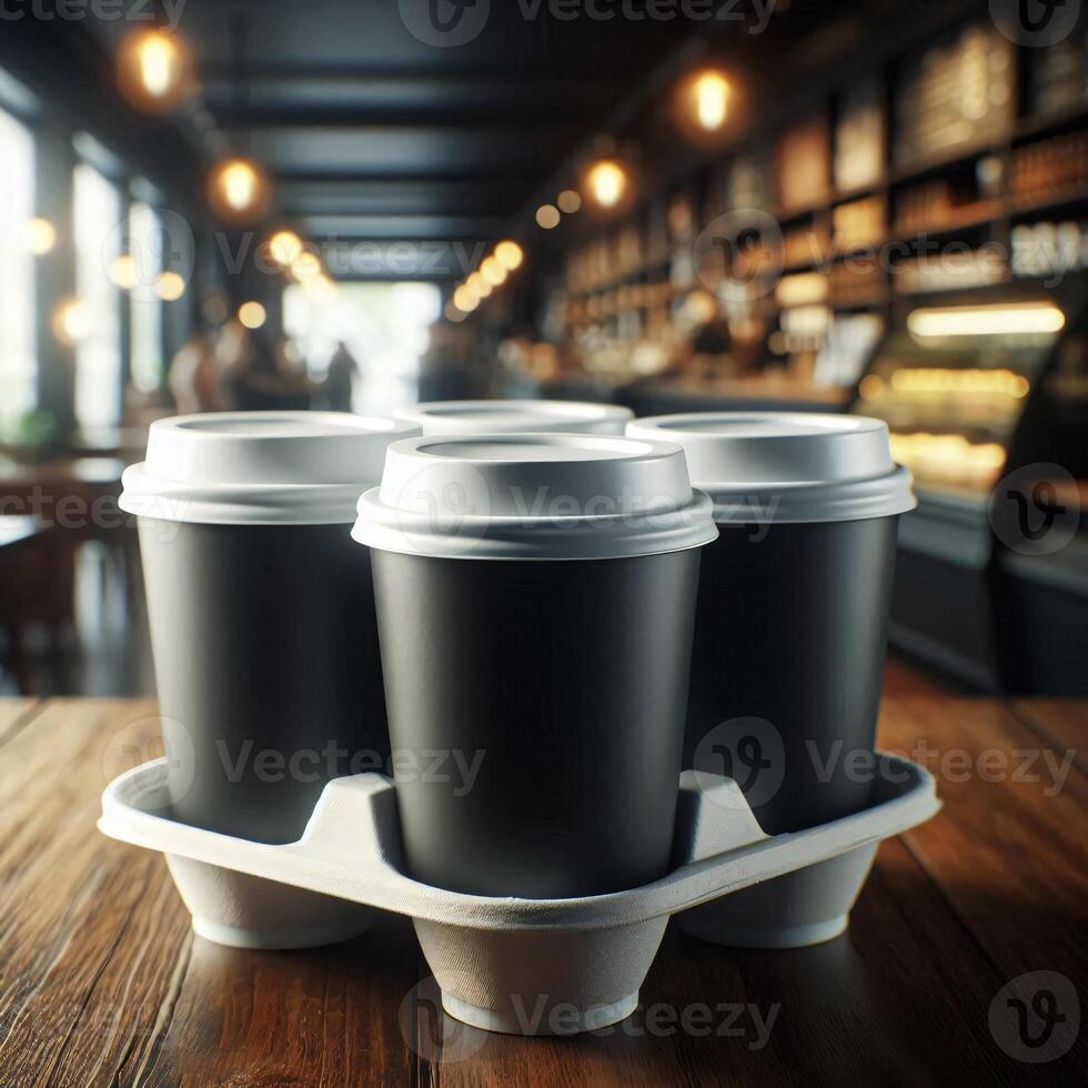 Colorful Takeaway Cups in a Carrier with a Blurred Coffee Shop Background for Mockup and Branding Use photo