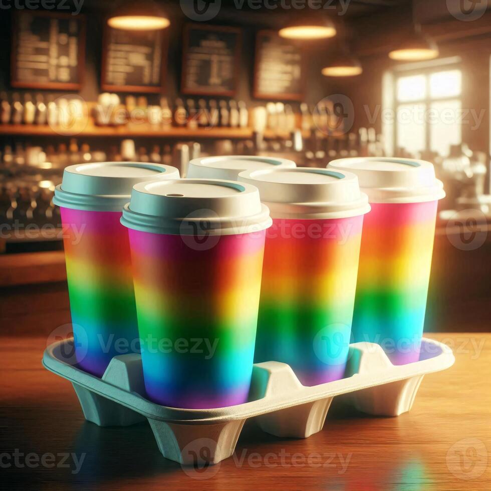 Colorful Takeaway Cups in a Carrier with a Blurred Coffee Shop Background for Mockup and Branding Use photo