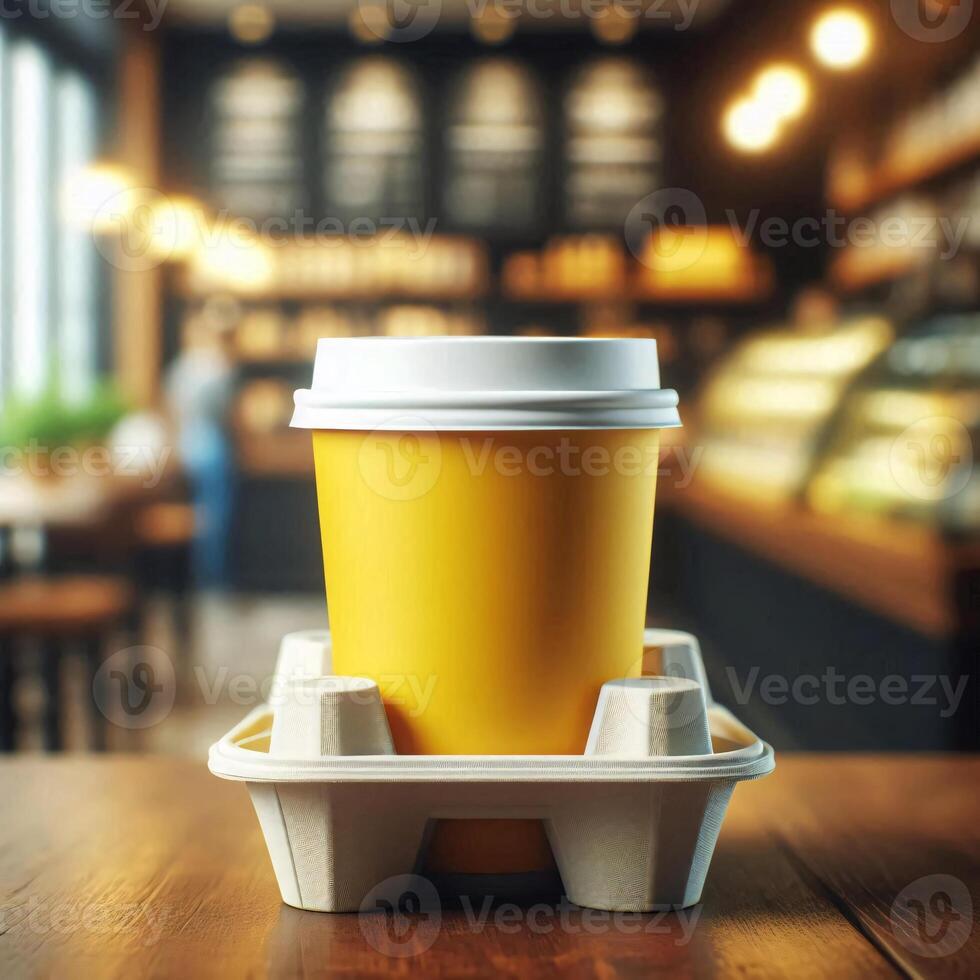 Colorful Takeaway Cups in a Carrier with a Blurred Coffee Shop Background for Mockup and Branding Use photo
