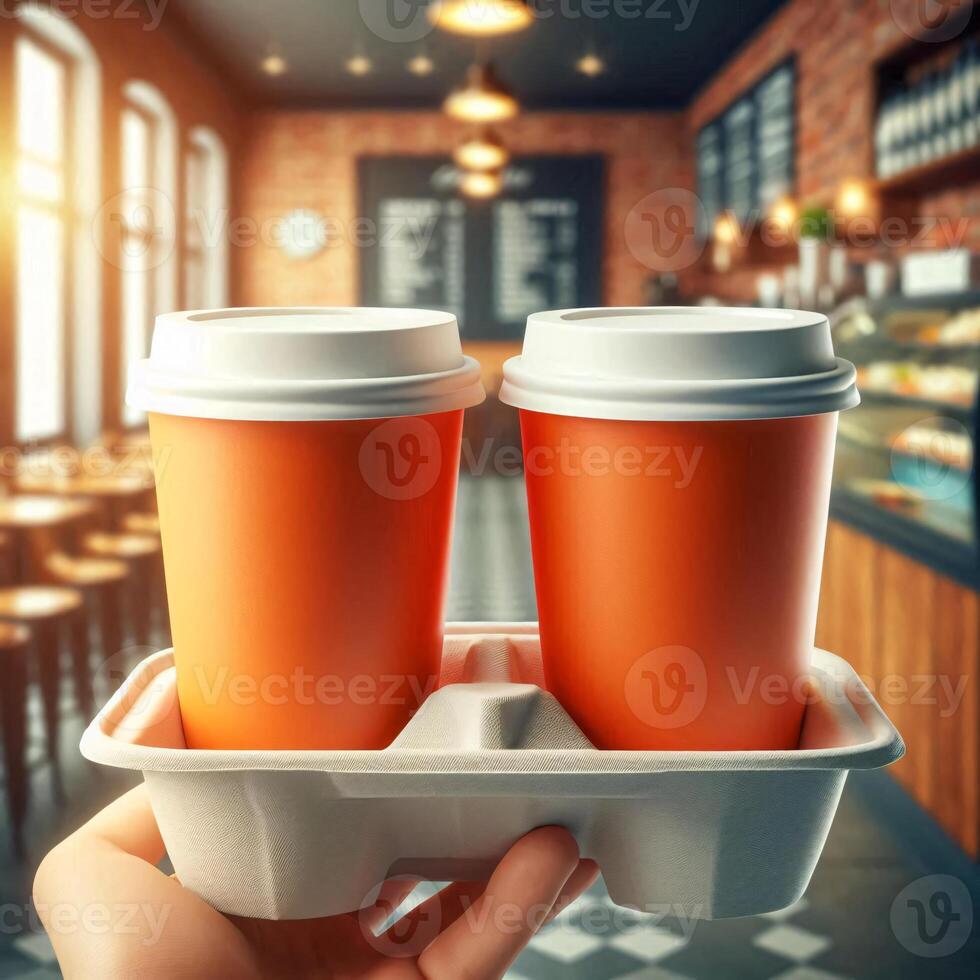 Colorful Takeaway Cups in a Carrier with a Blurred Coffee Shop Background for Mockup and Branding Use photo