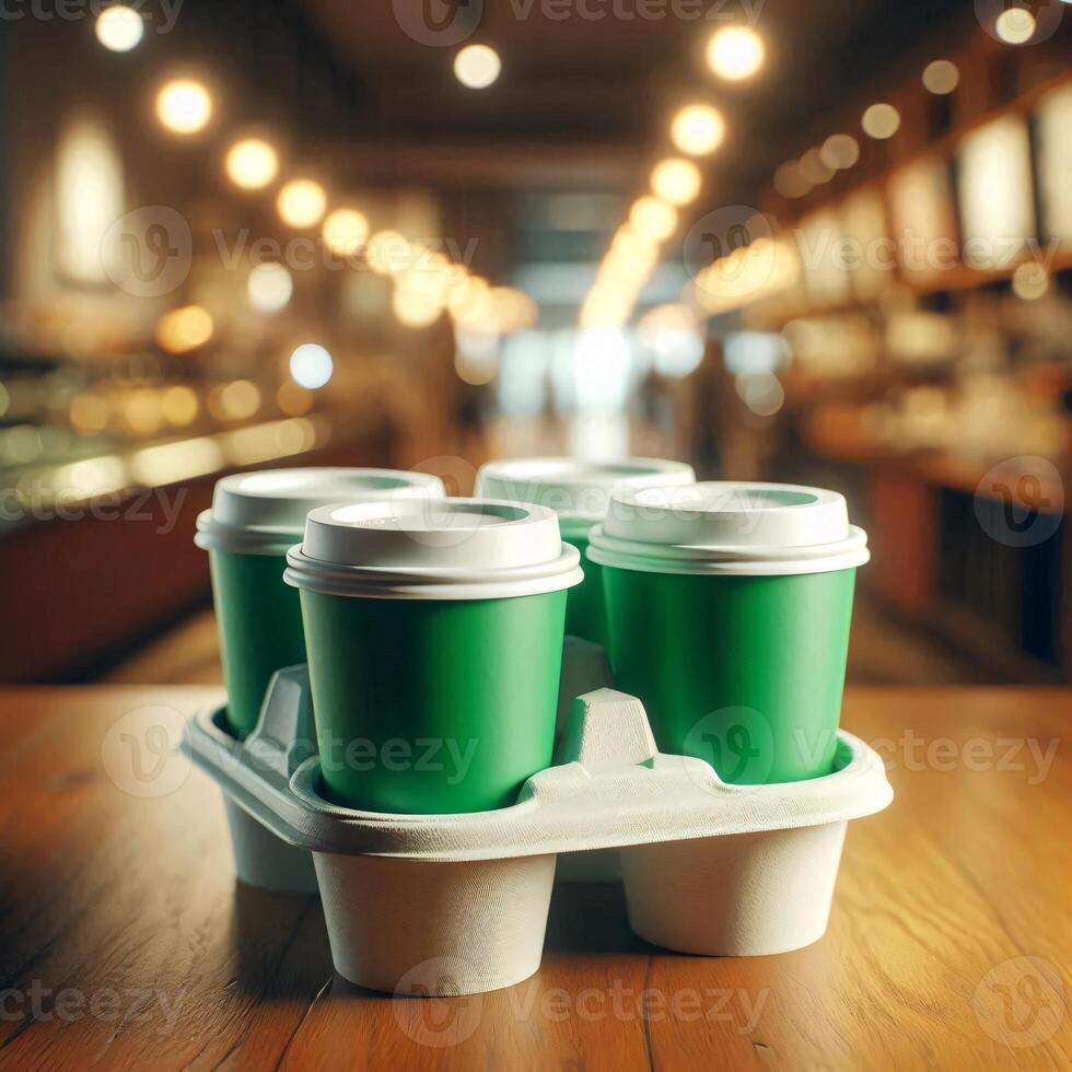 Colorful Takeaway Cups in a Carrier with a Blurred Coffee Shop Background for Mockup and Branding Use photo