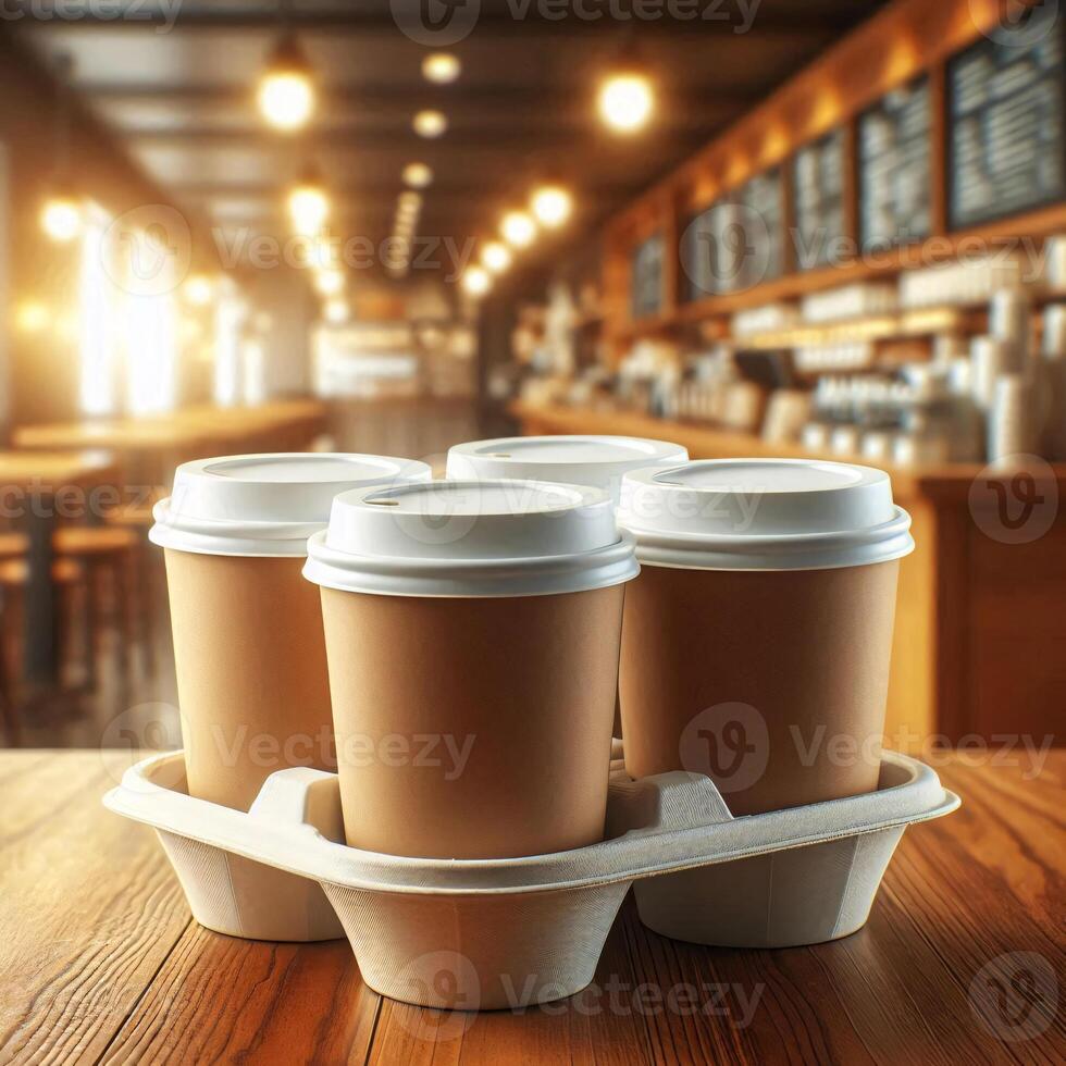 Colorful Takeaway Cups in a Carrier with a Blurred Coffee Shop Background for Mockup and Branding Use photo