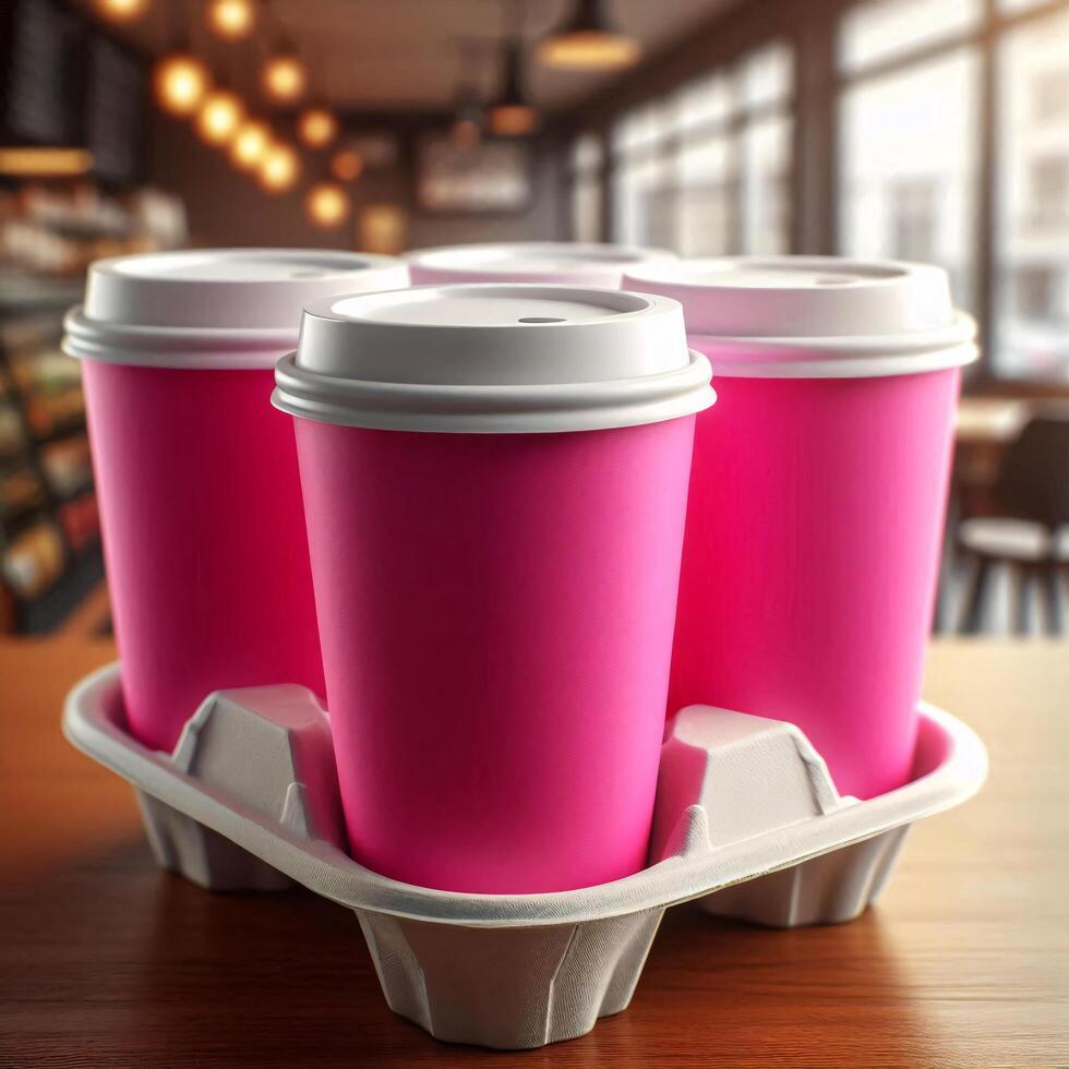 Colorful Takeaway Cups in a Carrier with a Blurred Coffee Shop Background for Mockup and Branding Use photo