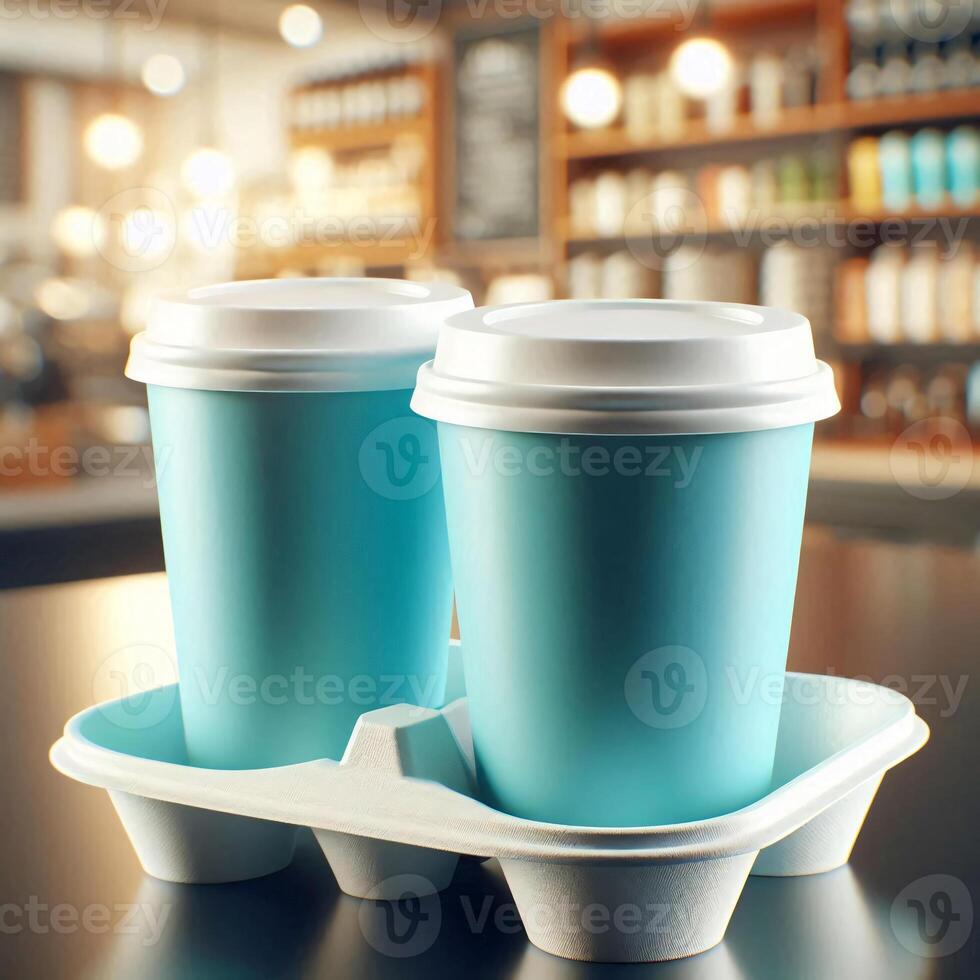 Colorful Takeaway Cups in a Carrier with a Blurred Coffee Shop Background for Mockup and Branding Use photo