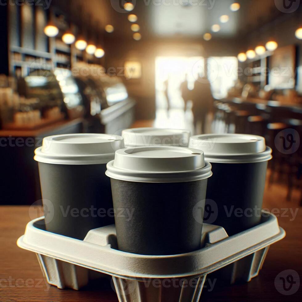 Colorful Takeaway Cups in a Carrier with a Blurred Coffee Shop Background for Mockup and Branding Use photo