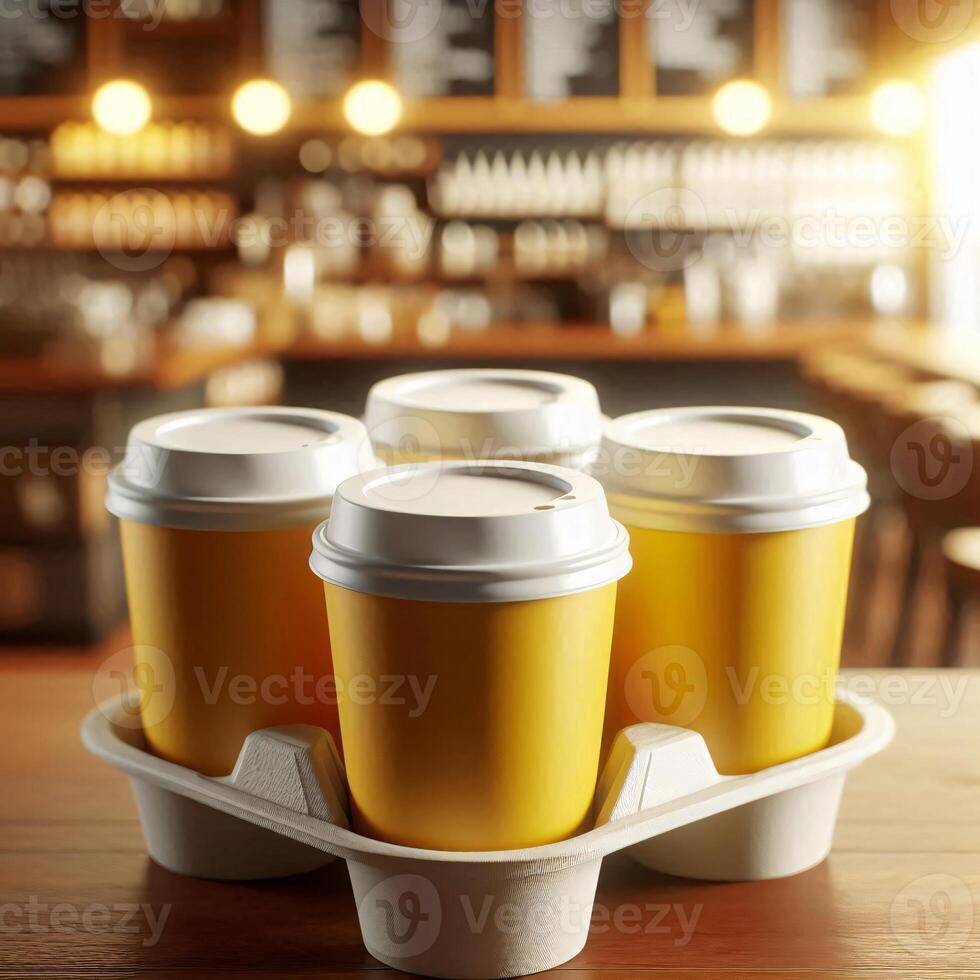 Colorful Takeaway Cups in a Carrier with a Blurred Coffee Shop Background for Mockup and Branding Use photo