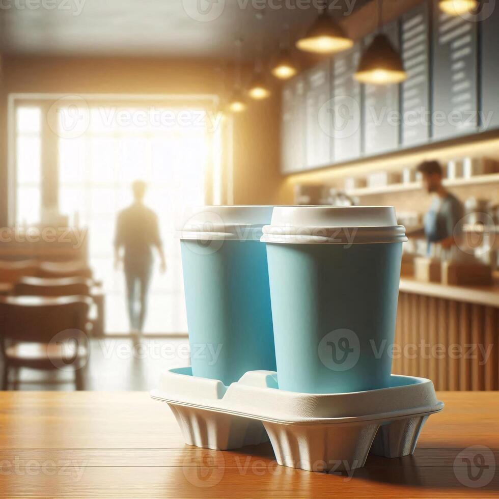 Colorful Takeaway Cups in a Carrier with a Blurred Coffee Shop Background for Mockup and Branding Use photo