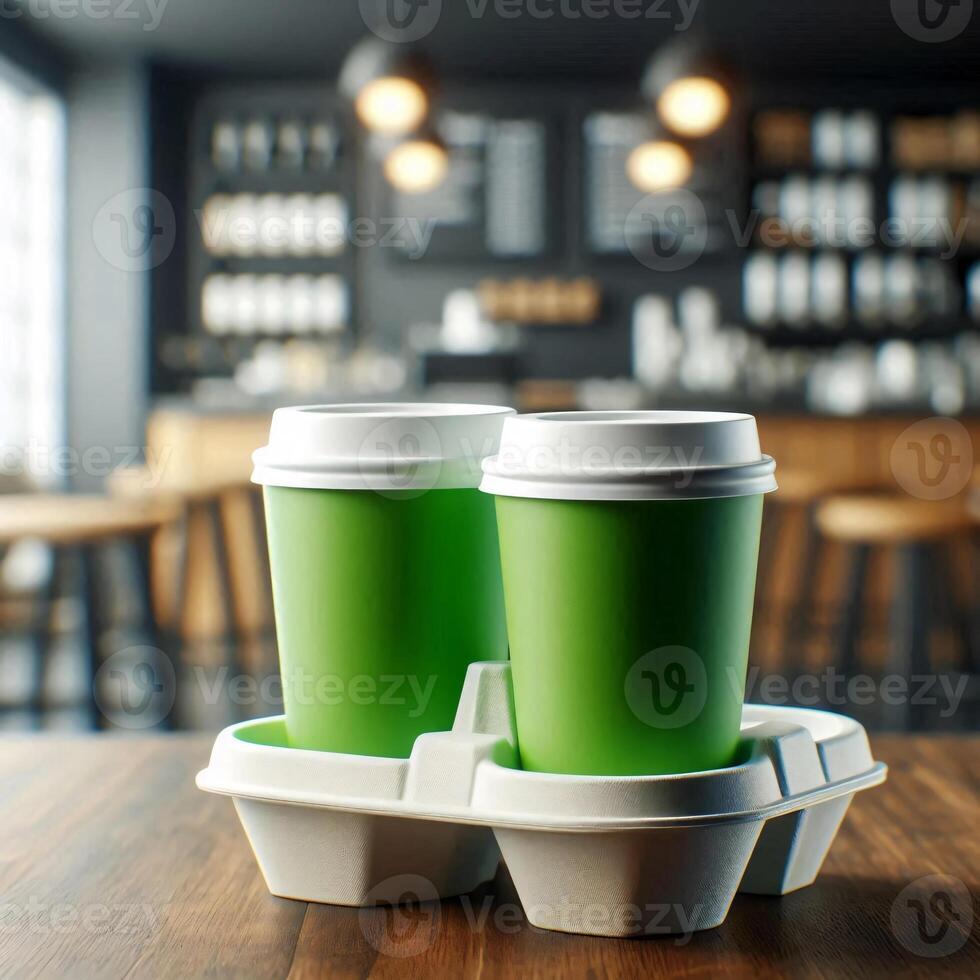 Colorful Takeaway Cups in a Carrier with a Blurred Coffee Shop Background for Mockup and Branding Use photo