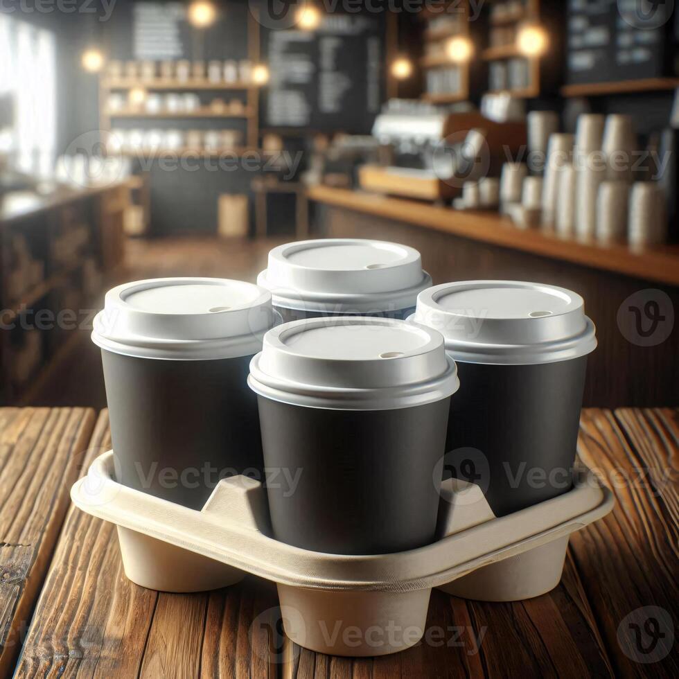 Colorful Takeaway Cups in a Carrier with a Blurred Coffee Shop Background for Mockup and Branding Use photo