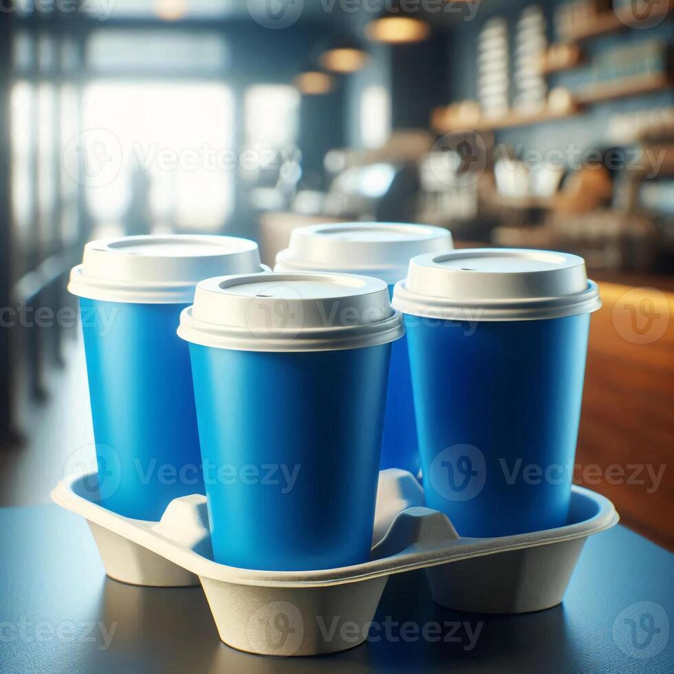 Colorful Takeaway Cups in a Carrier with a Blurred Coffee Shop Background for Mockup and Branding Use photo