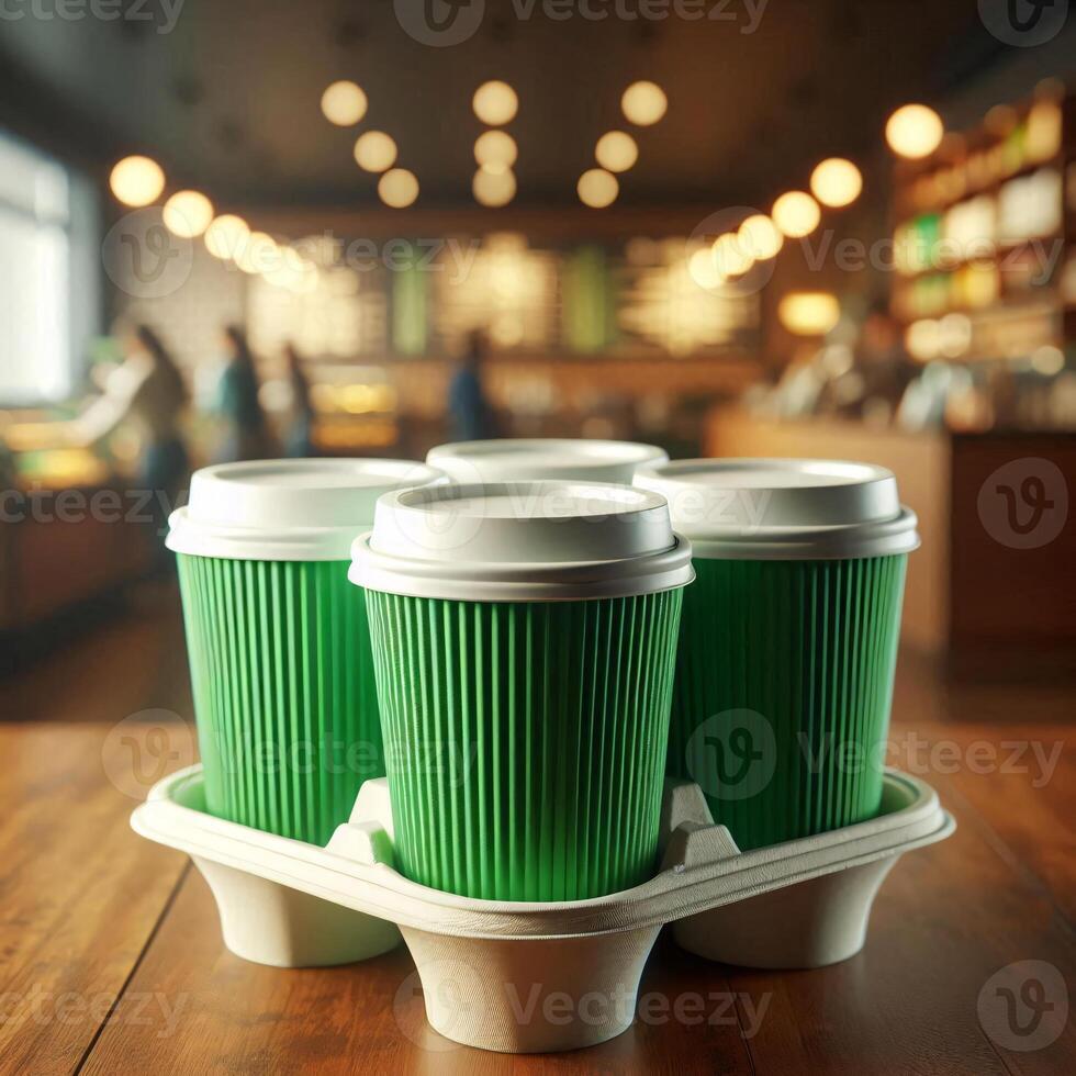 Colorful Takeaway Cups in a Carrier with a Blurred Coffee Shop Background for Mockup and Branding Use photo