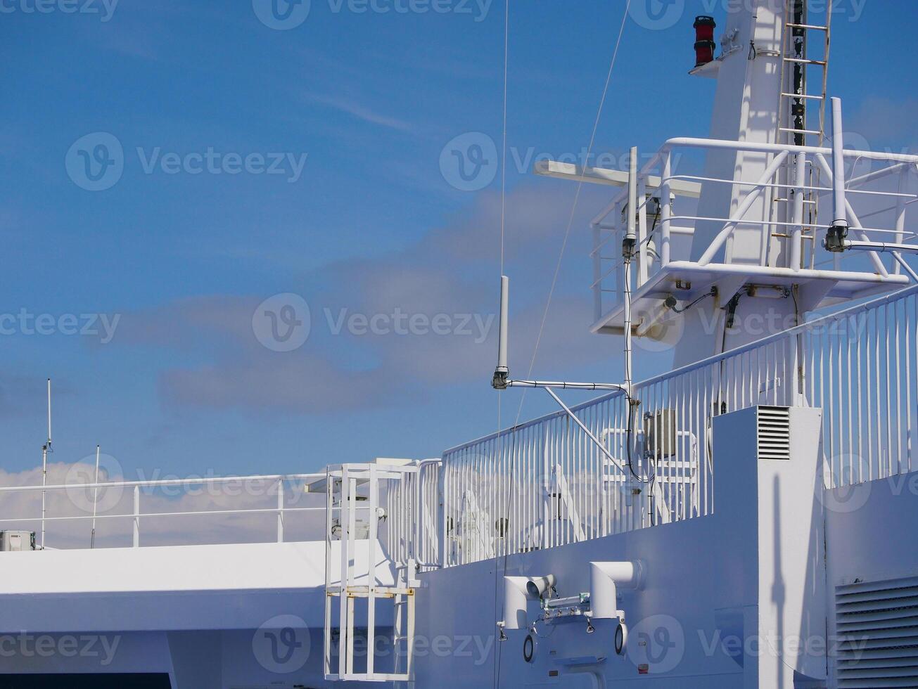 Radar antennas on board of a cruise ferry ship. Navigation system of the liner. Elements of radio location equipment in the ultrasonic wave range. photo