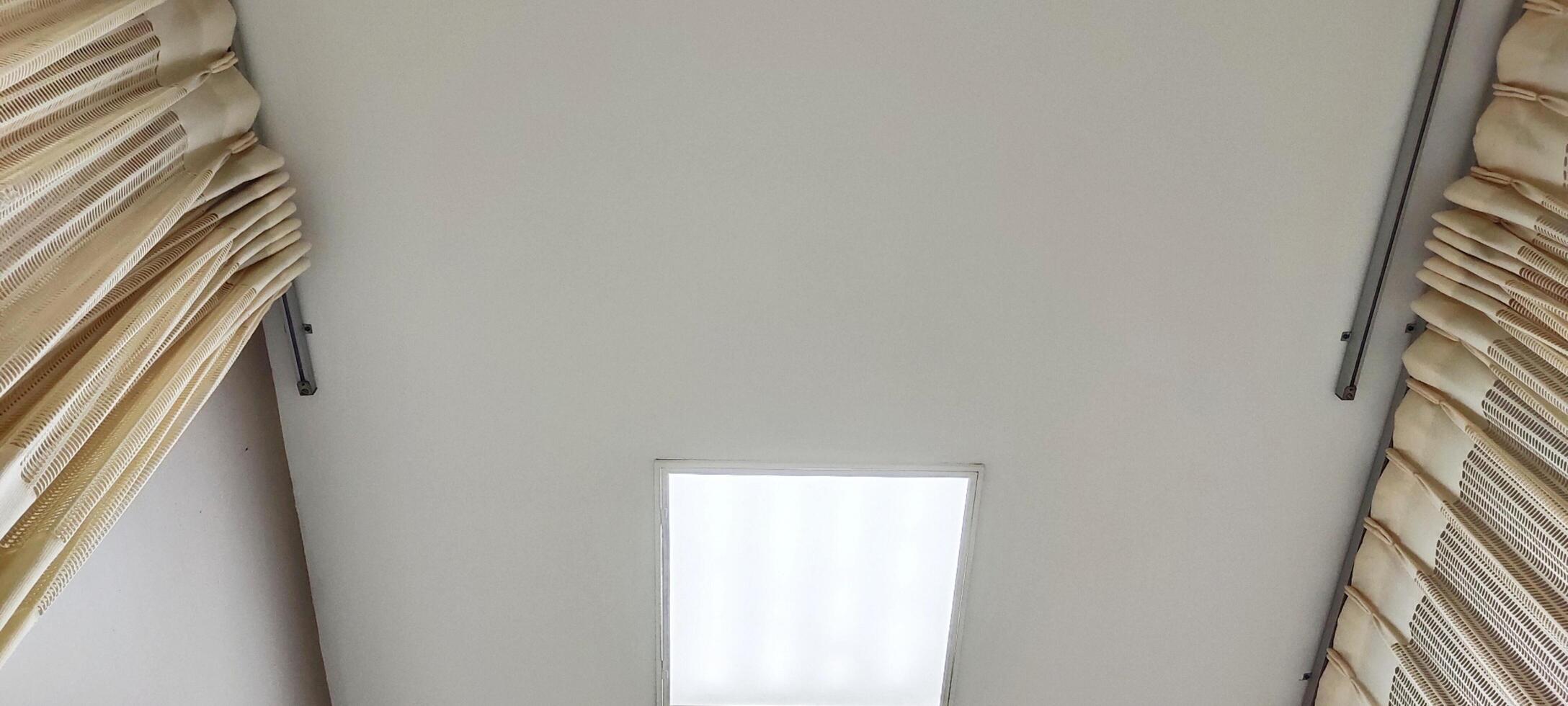 Background view of the ceiling of a hospital patient's room from the perspective of a bedridden patient. Clinical healthcare recovery treatment room ward. photo