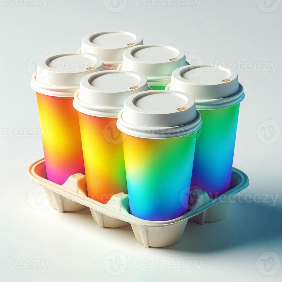 A vibrant array of colorful, transparent, and rainbow takeaway cup mockups on a white background, perfect for stock photos and branding