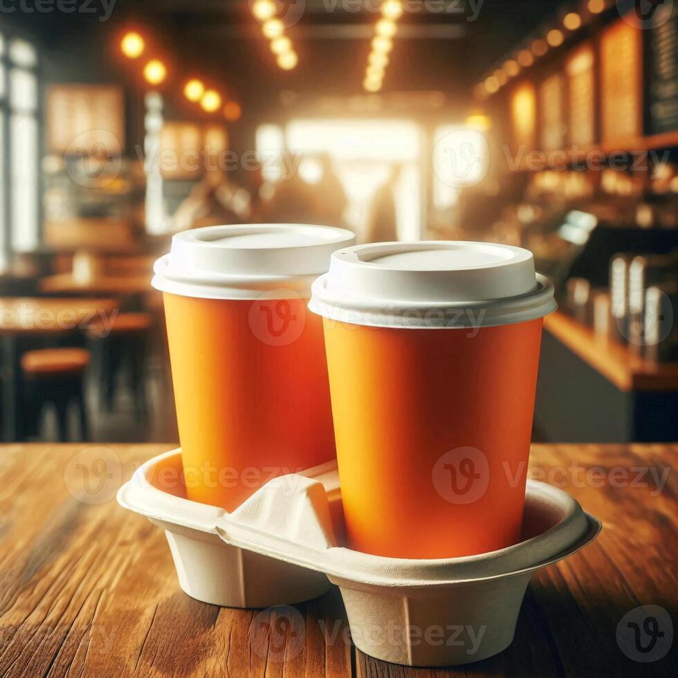 Colorful Takeaway Cups in a Carrier with a Blurred Coffee Shop Background for Mockup and Branding Use photo