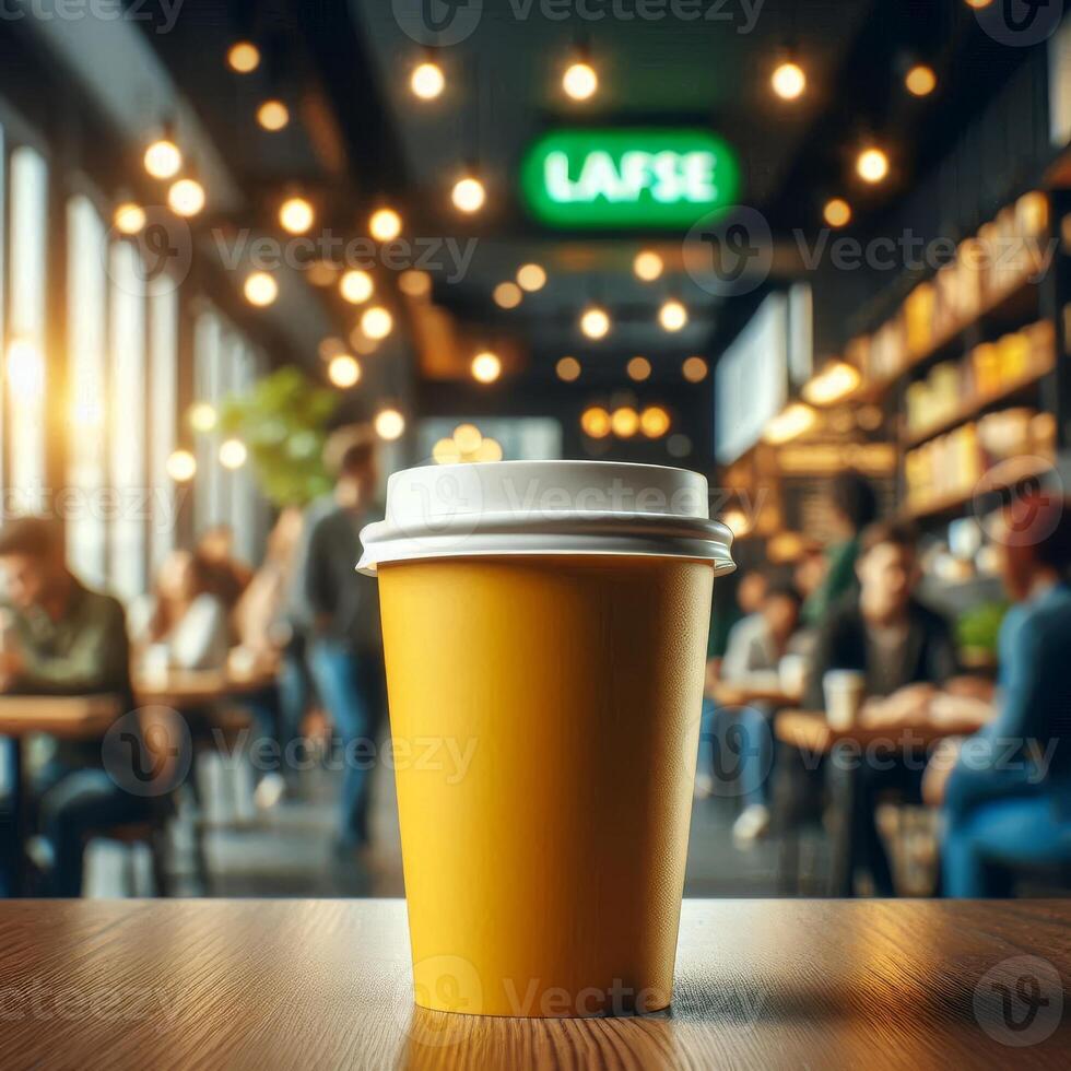 Vibrant Takeaway Cup in Various Colors with a Blurred Coffee Shop Background for Mockup and Branding Use photo