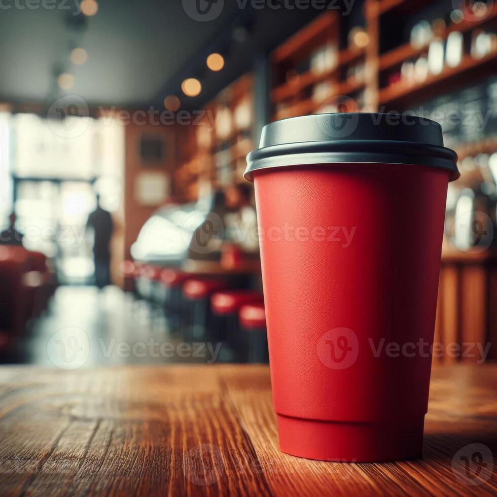 Vibrant Takeaway Cup in Various Colors with a Blurred Coffee Shop Background for Mockup and Branding Use photo