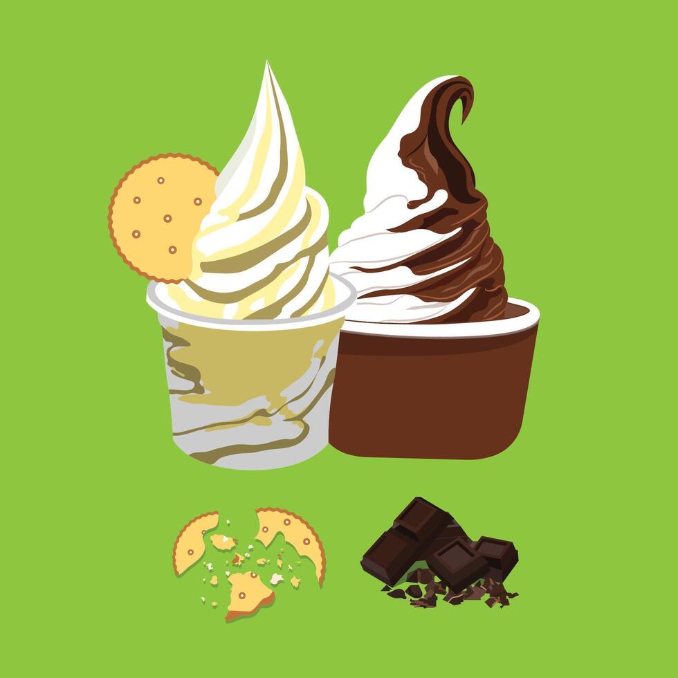 Summer cup ice creams chocolate and biscuit flavor illustration vector