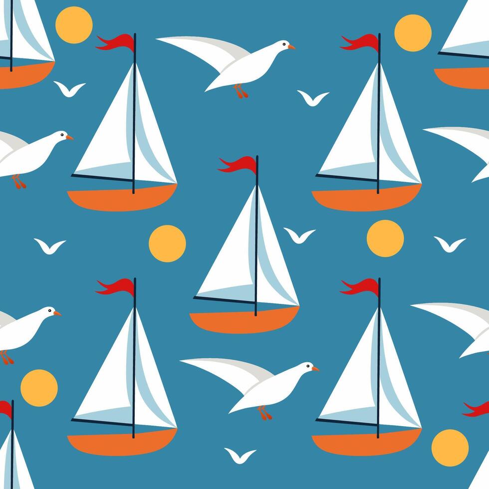 Seamless nautical pattern with sailboats and seagull. Cartoon style illustration. Summer marine background. vector