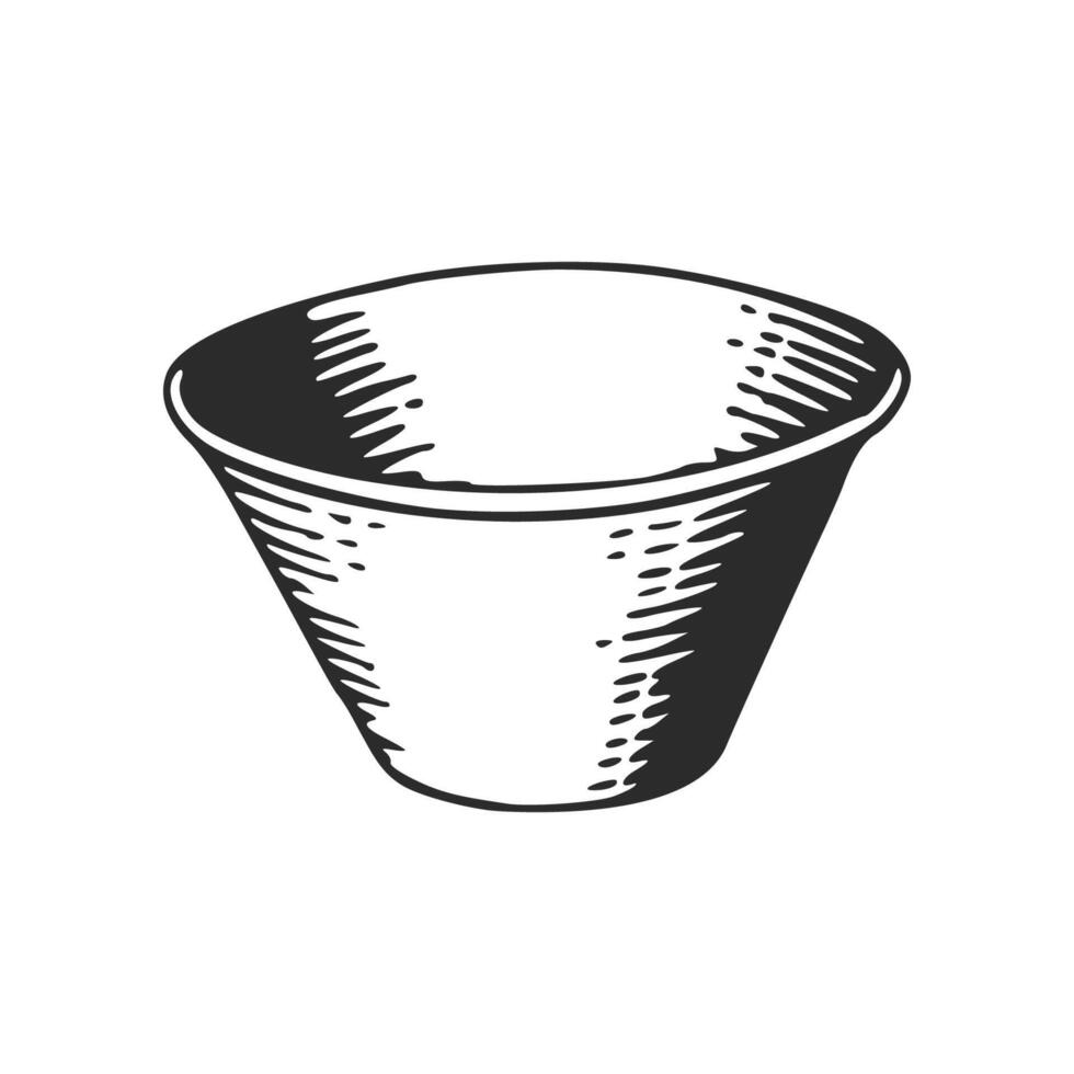 Hand drawn ink illustration of deep bowl. Black and white ink sketch outline . vector
