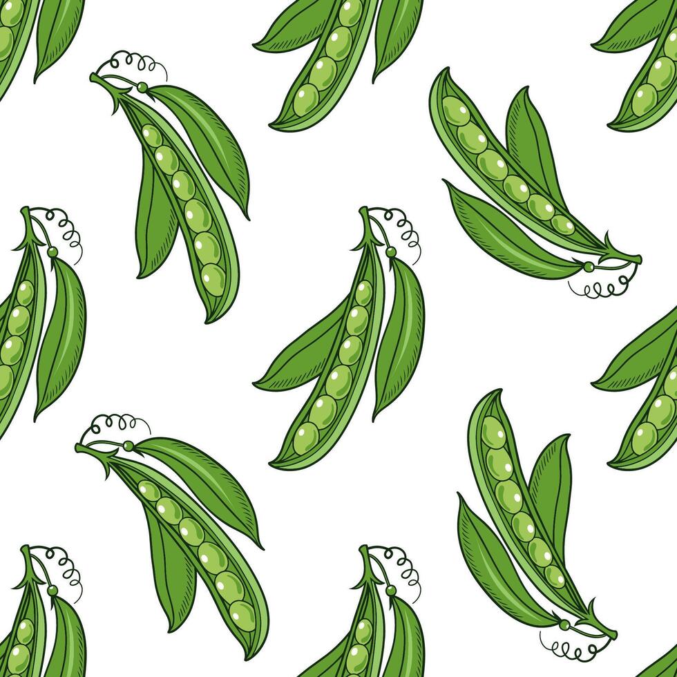 Seamless pattern with green pea pods. Cartoon style illustration. vector