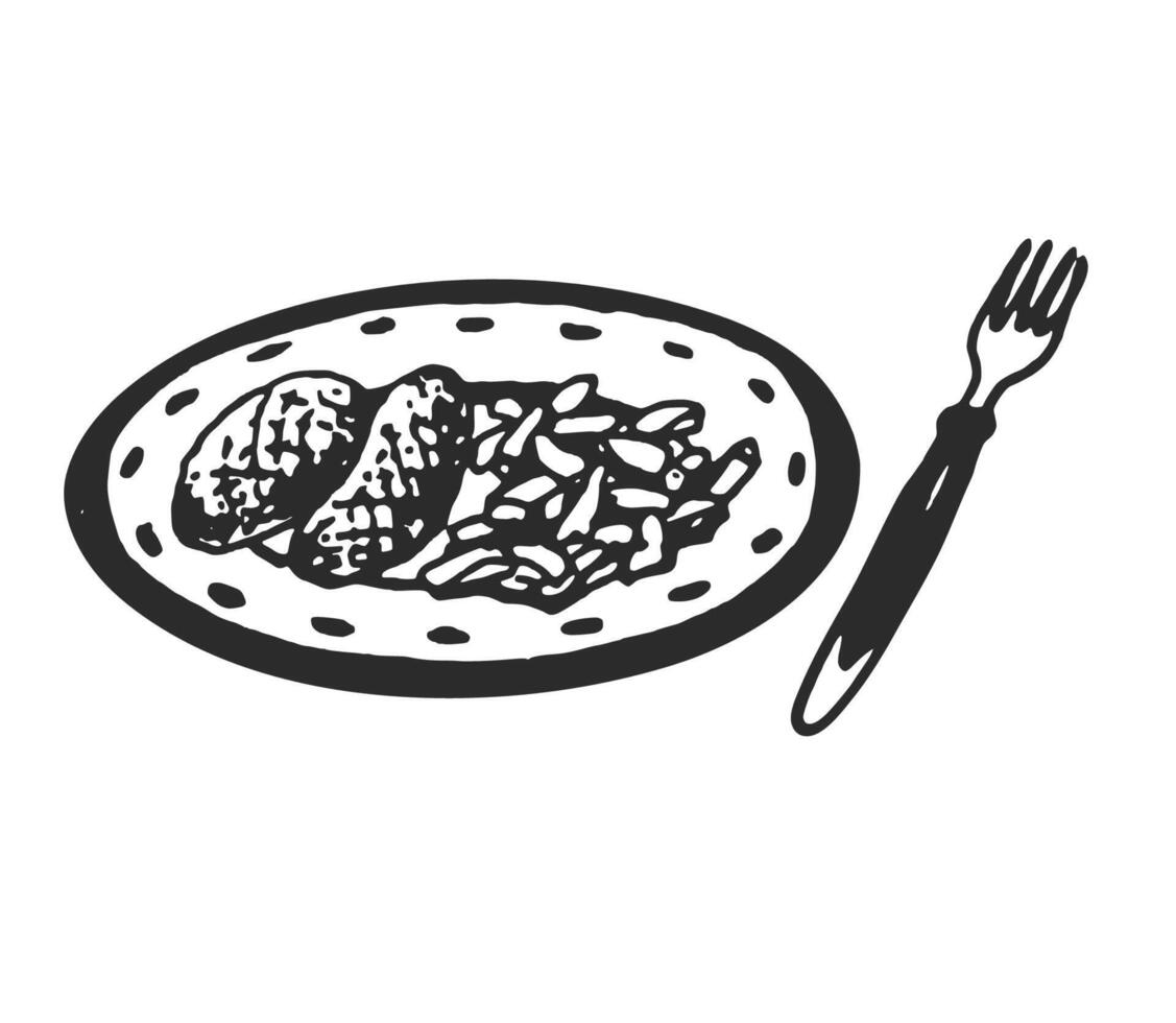Hand drawn ink illustration of fried potatoes with meatballs. Black and white ink sketch outline . vector