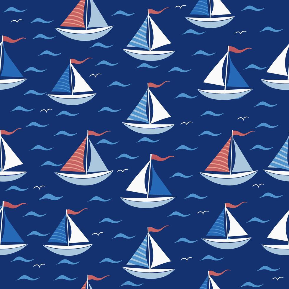Seamless nautical pattern with sailboats. Cartoon style illustration. Summer marine background. vector