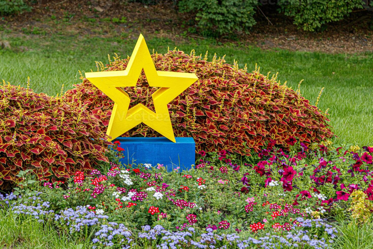 yellow star next to a flowerbed of flowers on green grass photo