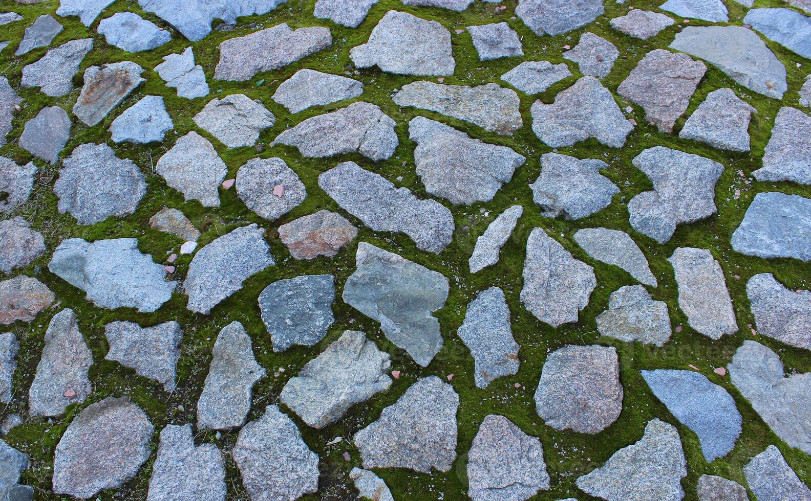 Old mossy walking path paved with granite stock photo for ancient foundation backgrounds