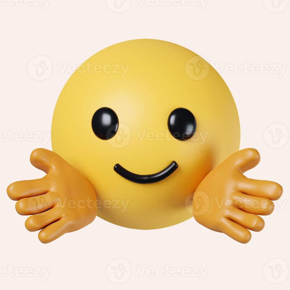 3d Hugging emoji. Emoticon giving a hug. Happy yellow face with open hands and smiling eyes. icon isolated on gray background. 3d rendering illustration. Clipping path. photo
