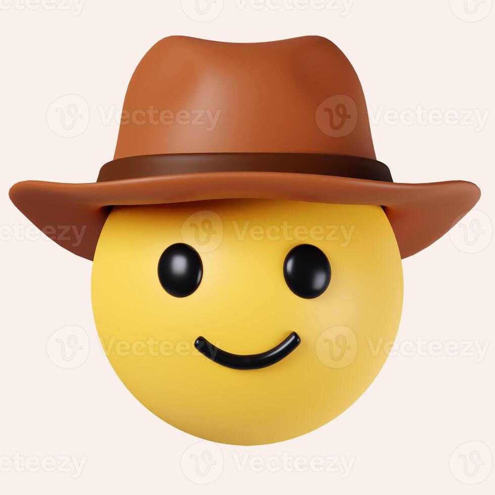 3d Cowboy hat emoji. Happy smiled emoticon with brown leather brimmed hat. icon isolated on gray background. 3d rendering illustration. Clipping path. photo