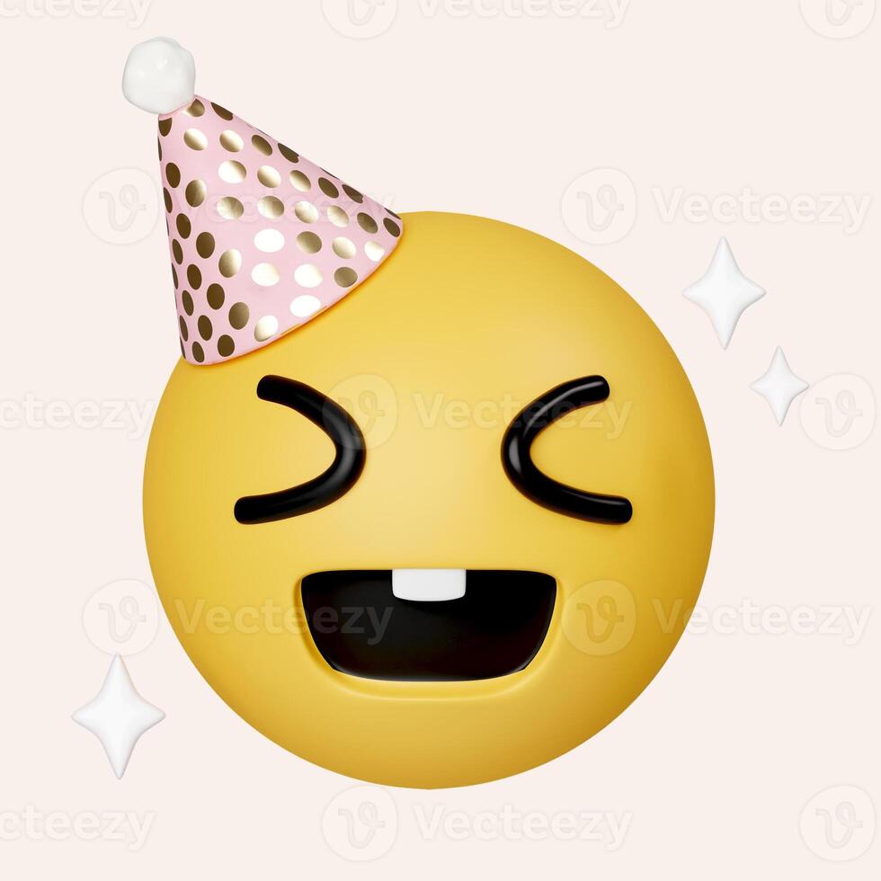 3d party emoji celebrate emoticon. Happy birthday face hat emoji. icon isolated on gray background. 3d rendering illustration. Clipping path. photo