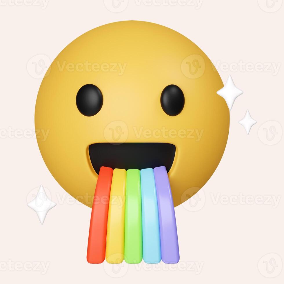 3d emoji happy smile with rainbow puke. icon isolated on gray background. 3d rendering illustration. Clipping path. photo