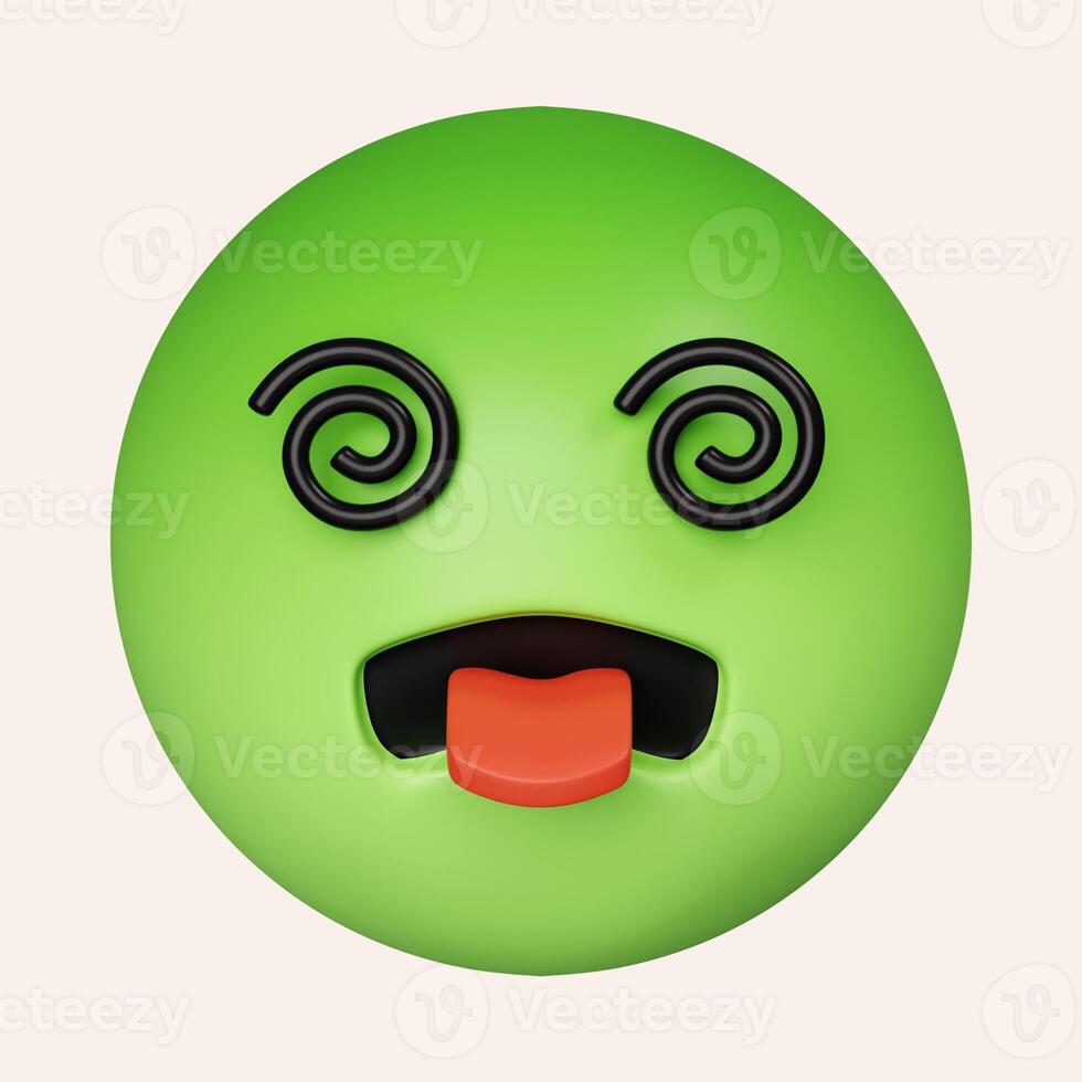 3d Nauseated face emoji with green face. sickly face green with concerned eyes and puffed holding back vomit. icon isolated on gray background. 3d rendering illustration. Clipping path. photo
