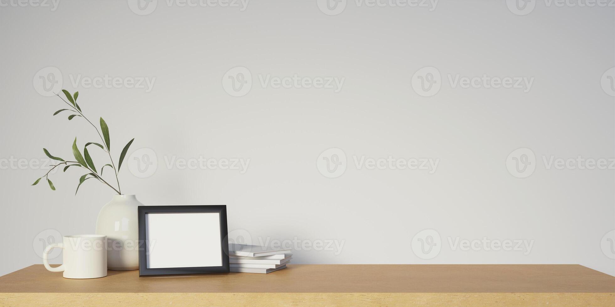 3d picture frame with cup and book on wood top table. 3d rendering, illustration photo