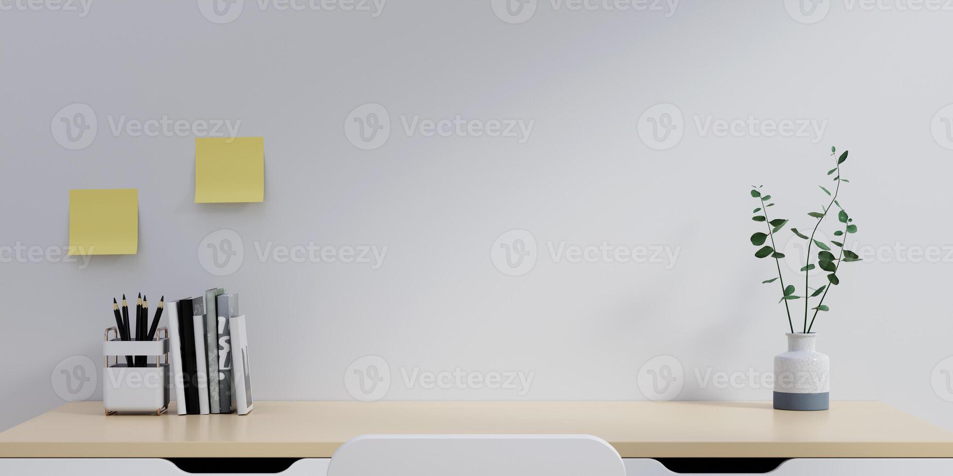 Creative workspace. Home office wood desk workspace. supplies on office workplace. Modern interior design concept. 3d rendering. photo