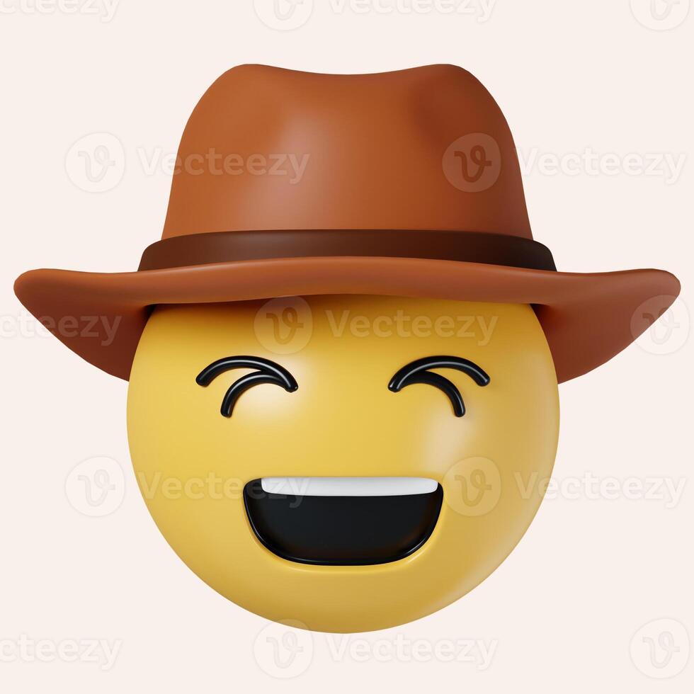 3d Cowboy hat emoji. Happy smiled emoticon with brown leather brimmed hat. icon isolated on gray background. 3d rendering illustration. Clipping path. photo