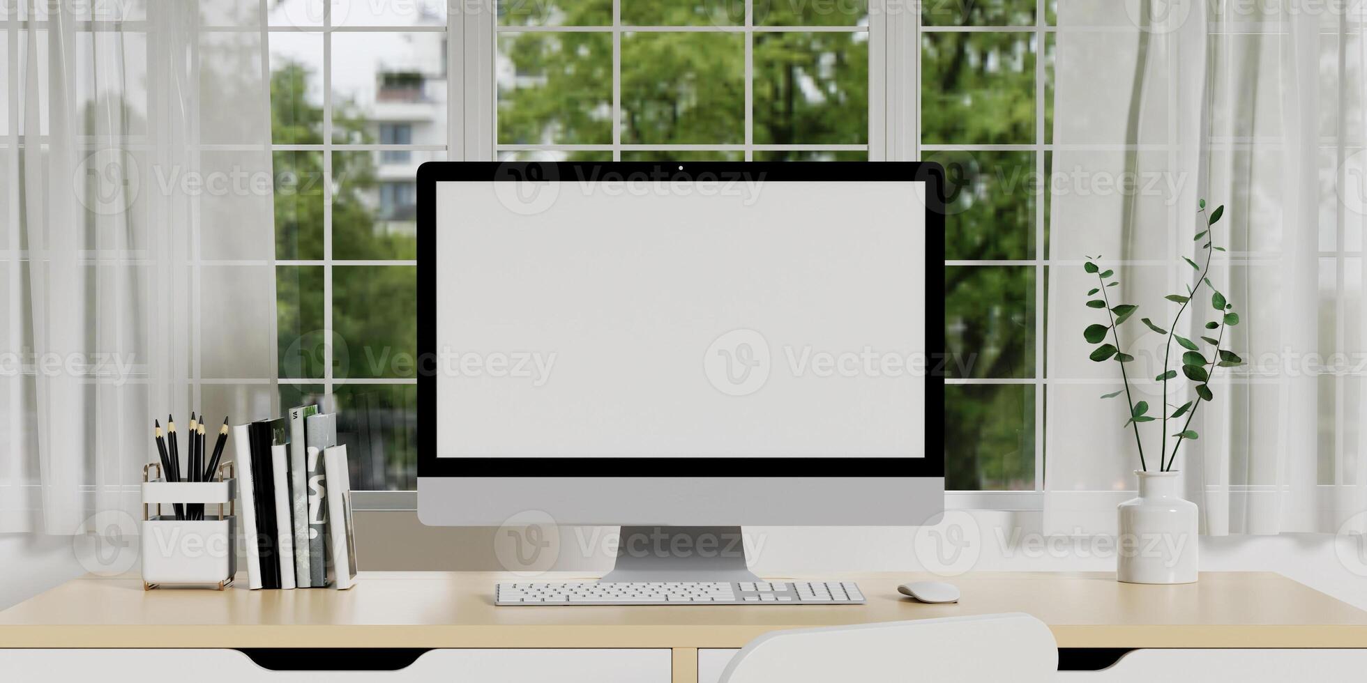 Creative workspace with computer blank screen mockup is on a table in a modern minimal home office. 3d rendering. photo