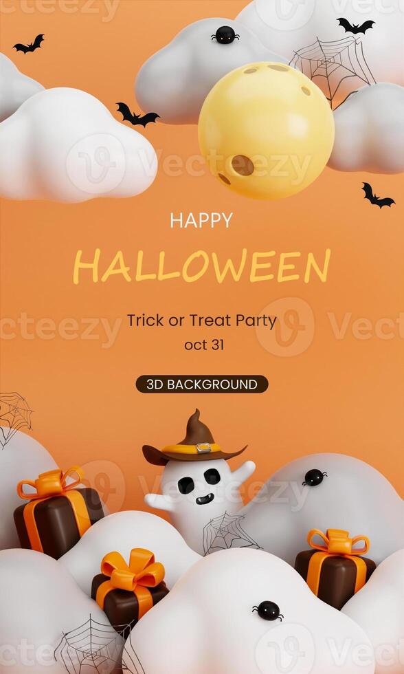 3d Happy Halloween background with text. white ghost cute with giftbox on cloud with moon and bat. Halloween concept. Traditional October holiday. copy space. 3d render. photo