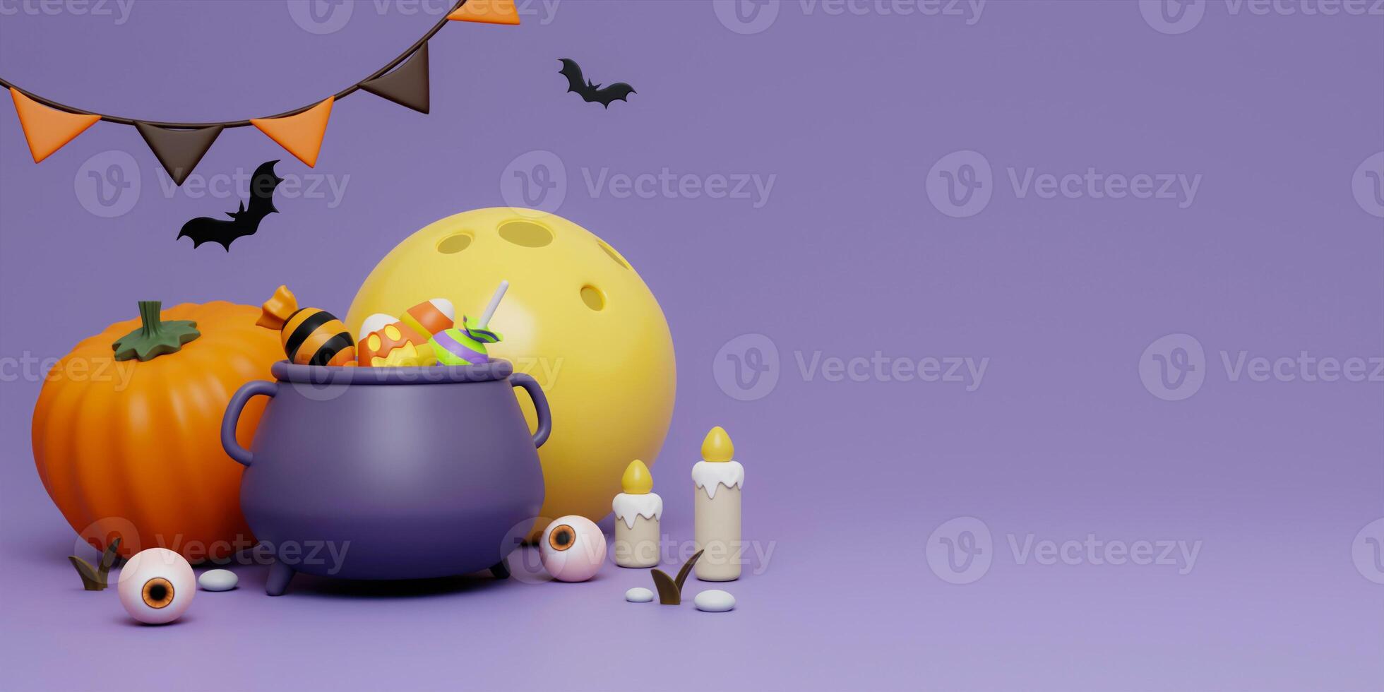 Happy Halloween Festive. Halloween poison pumpkin, candle, moon and bat . 3d cartoon style. Holiday Hallows' Eve or Saints' Eve. copy space. 3d render. photo