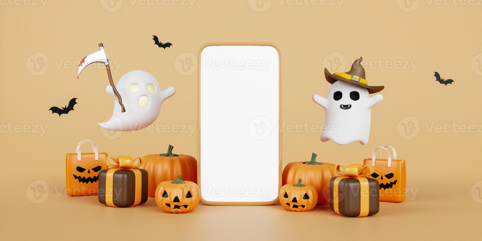 Halloween sale banner template. Festive banner with 3d spooky pumpkins, smartphone, ghost and bat. copy space. 3d render. photo