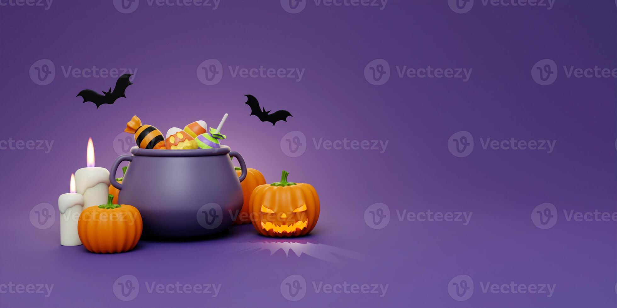 Happy Halloween Festive. Halloween candy in boiling pot, pumpkin, candle and bat . 3d cartoon style. Holiday Hallows' Eve or Saints' Eve. copy space. 3d render. photo