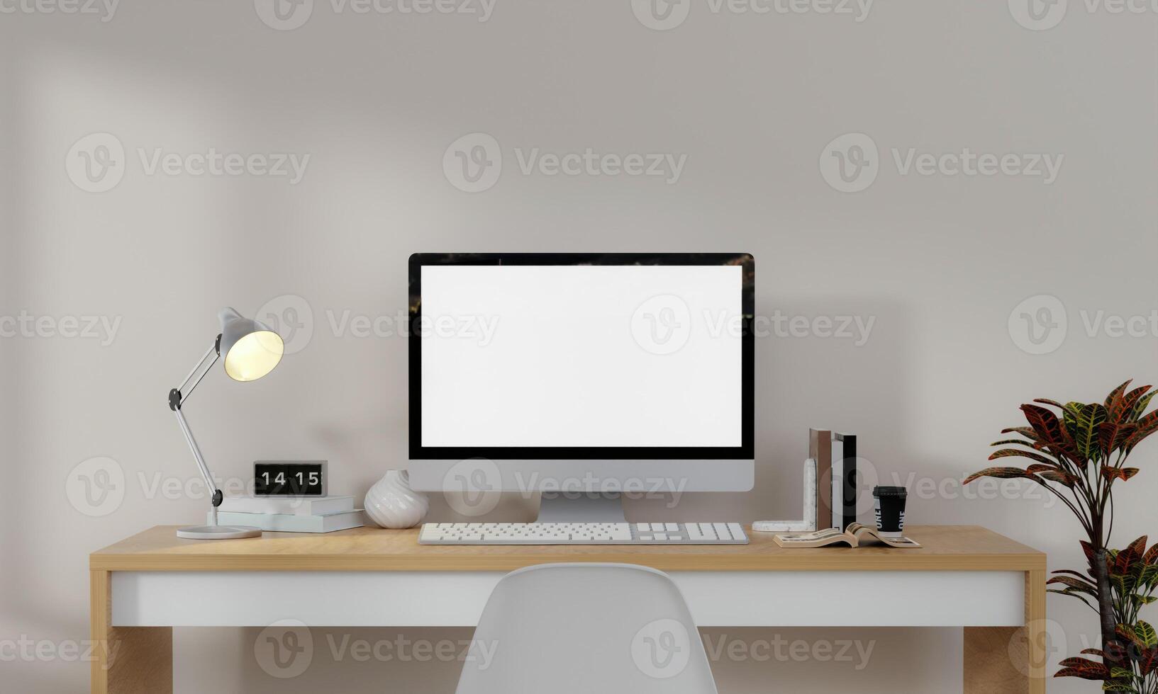 Workplace, computer with blank empty white screen display monitor on desk. Mock up, copy space. Home office concept. Business, working from home, studying, e-learning, web site concept. 3D rendering photo