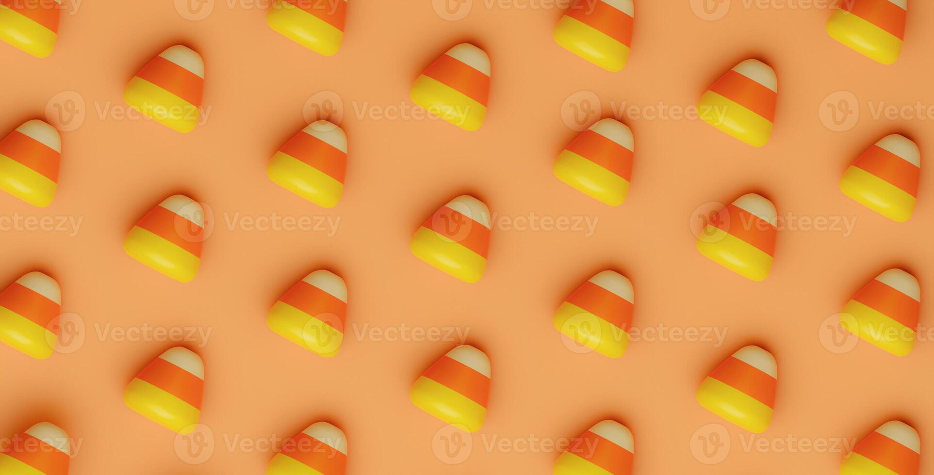 Halloween Candy Corn pattern on orange background. Holiday Hallows' Eve or Saints' Eve. copy space. 3d render. photo