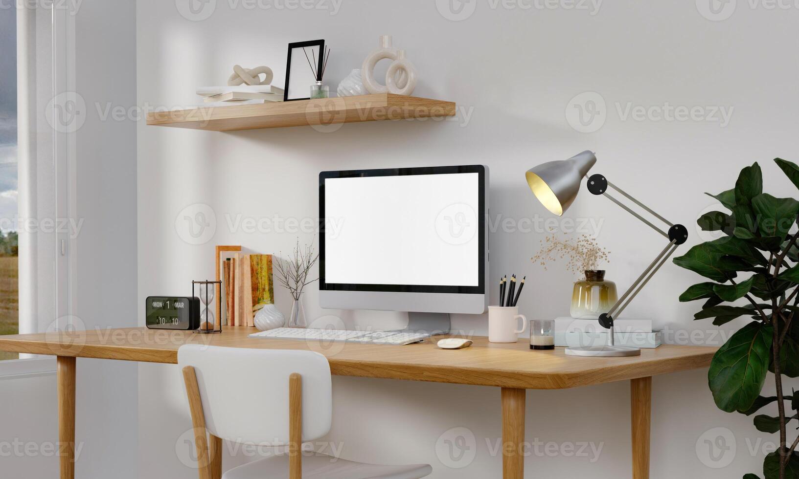 Workplace, computer with blank empty white screen display monitor on desk. Mock up, copy space. Home office concept. Business, working from home, studying, e-learning, web site concept. 3D rendering photo