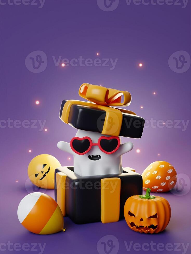 Happy Halloween Festiv. A ghost emerges from a gift box with balloon and pumpkin on purple background. Holiday Hallows' Eve or Saints' Eve. copy space. 3d render. photo