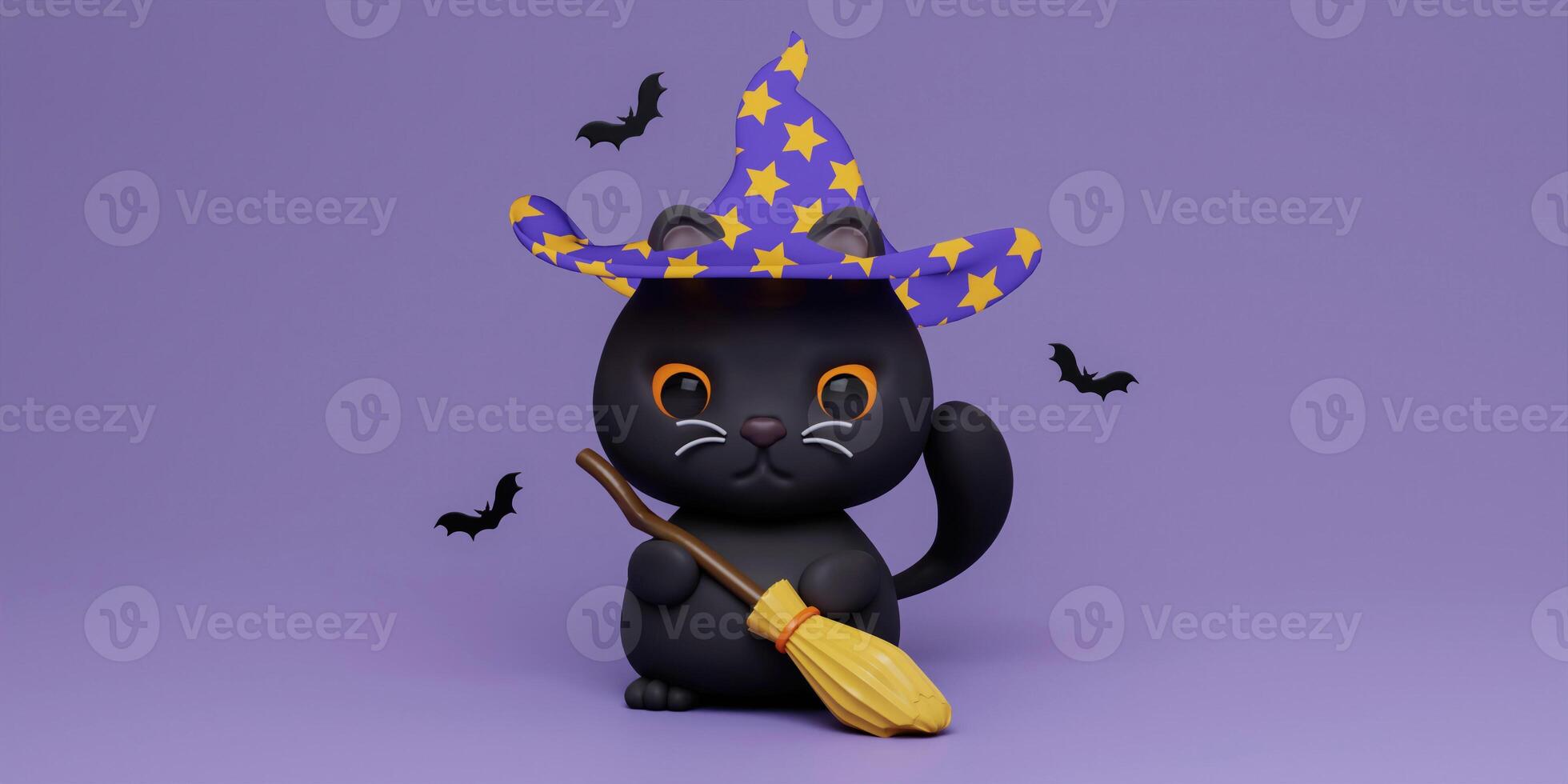 Happy Halloween Festive. cat in Halloween costume with witch hat and broom on purple background. d cartoon style. Holiday Hallows' Eve or Saints' Eve. copy space. 3d render. photo